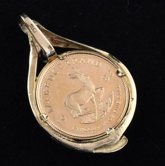 A ¼ krugerrand gold coin set in a 18ct gold pendant mount with three round brilliant cut diamonds, 1.5in.